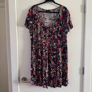 Torrid Floral Mini Dress Black Scoop Neck Elastic Waist Pleated Pullover Sz 3X